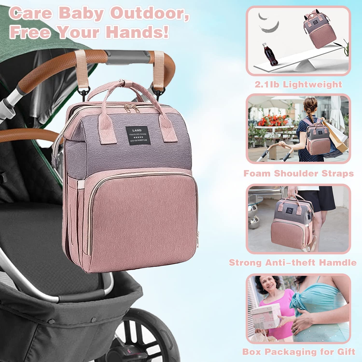 Baby Diaper Bags with Changing Station,Waterproof Diaper Bag Backpack for Moms Dads with USB Charging Port,Large Capacity Multifunctional Baby Essentials(Pink-Grey)